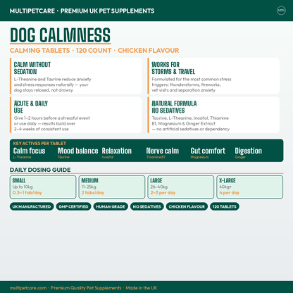 Dog Calmness supplement packaging with product details and usage instructions.